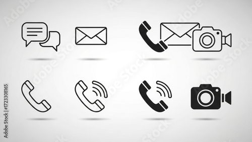 Modern communication icons for business, including phone, email, chat, and video, perfect for website or app design, easily scalable vector