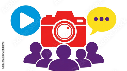 Engaging social media strategy with vibrant icons representing video, photography, and conversation, connecting with a community of users online