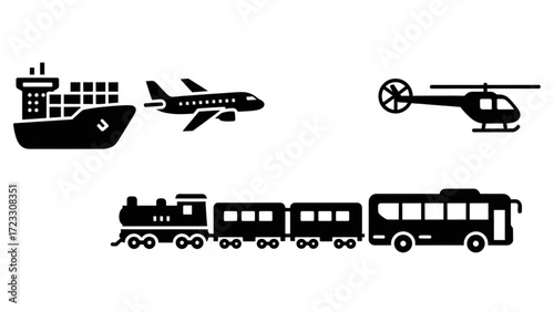 Iconic transportation modes showcase travel choices airplane, ship, train, bus, and helicopter representing global connectivity and logistics solutions