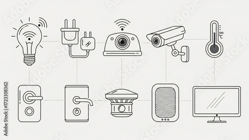 Smart home technology icons showcasing automation and security, energy efficiency and a connected lifestyle with modern design, highlighting convenience