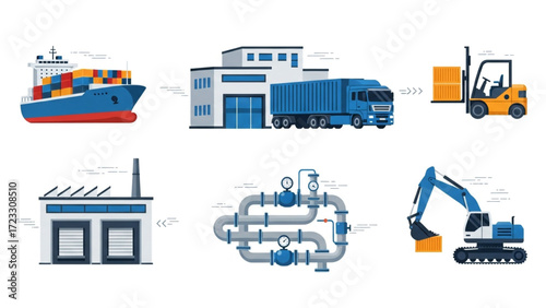 Dynamic global logistics transportation network showcasing supply chain management with ship, factory, truck, forklift, excavator, and pipe system
