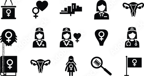 Collection of black and white icons representing women's health, empowerment, and social issues.