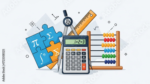 Math learning tools illustration featuring abacus, calculator, ruler, compass, and puzzle pieces with pi and sigma symbols for education concept