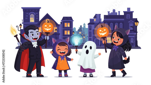 Halloween's Night: A whimsical illustration brings the festive Halloween atmosphere to life, showcasing children in captivating costumes. With glowing lanterns.
