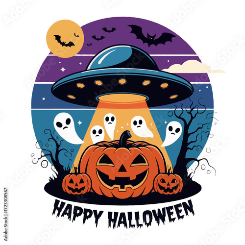 Happy halloween ufo abduction scene with pumpkins and ghosts isolated on white background