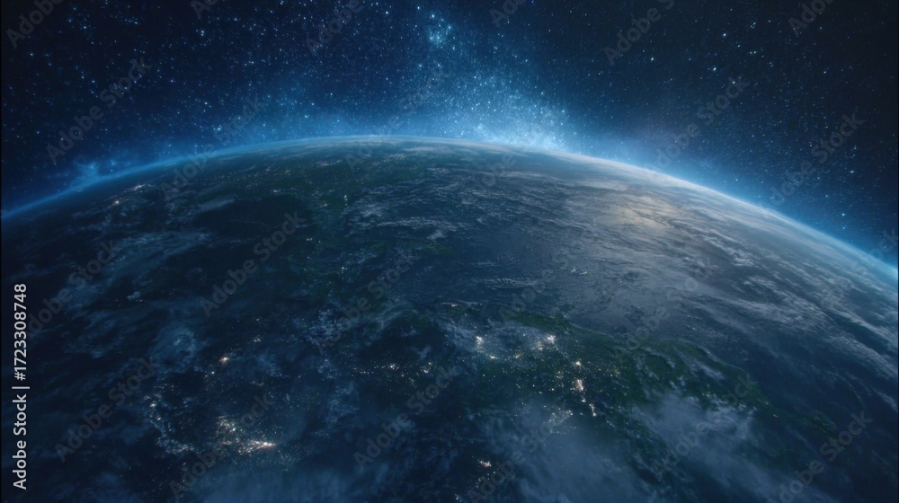 Fototapeta premium Expansive view of Earth from outer space showcasing the planet's curvature, vastness,