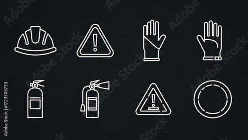 Safety first with construction helmet, warning signs, gloves, and fire extinguishers, a modern minimalist design for workplace safety promotions