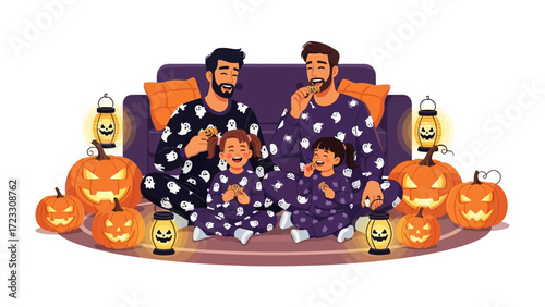 Halloween Family Gathering: A family, surrounded by festive pumpkins and illuminated lanterns, enjoys a cozy Halloween celebration, wearing matching pajamas, and filled with seasonal cheer.