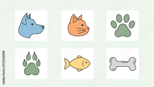 Charming pet icons for vet clinics and pet stores, featuring a dog, cat, paw prints, fish, and bone in a delightful modern style