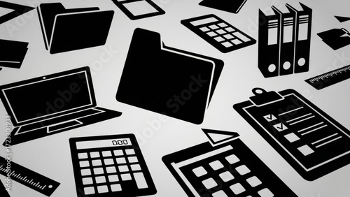 Organized Office Essentials for Productive Workflows, Featuring Laptop, Calculator, and File Folders for Streamlined Efficiency and Success