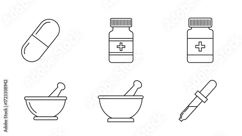 Essential healthcare icons featuring capsule, medicine bottle, mortar and pestle, and dropper to convey wellness, pharmacy, and holistic health solutions