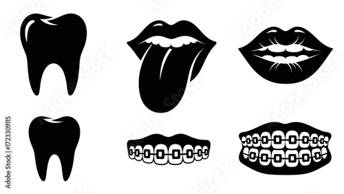 Oral health icons for dentistry and orthodontics needs, with teeth, braces, lips and tongue, perfect for dental clinics and educational materials