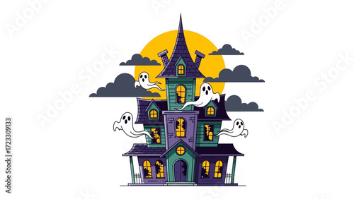 Haunted House and Ghosts: A spooky haunted house with spectral inhabitants, silhouetted against a bright full moon, a perfect backdrop for Halloween celebrations and events. 