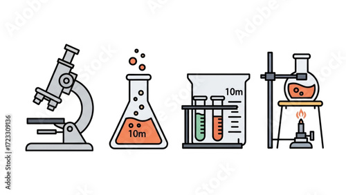 Science lab equipment illustration for educational resources, showing microscope, beakers, flasks, and burner for experiments and research projects