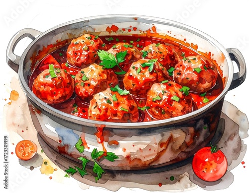 Watercolor illustration of meatballs in a pan with tomato sauce