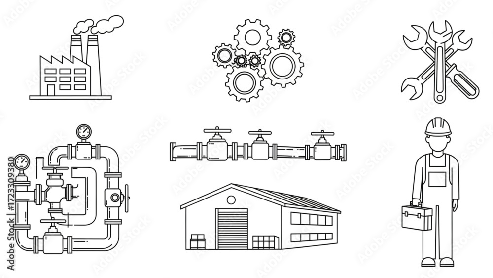 Fototapeta premium Detailed construction engineering and manufacturing icons, depicting industrial processes, machinery, equipment and worker, vector design perfect for technical diagrams