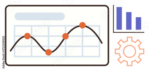 Graph with data points, bar chart, and gear linked to process improvement and analysis. Ideal for data management, performance tracking, business growth, strategy planning, productivity, analytics