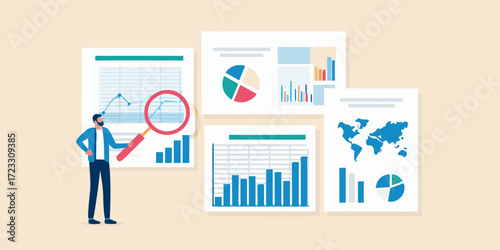 Man with magnifying glass analyzing business charts and world map data
