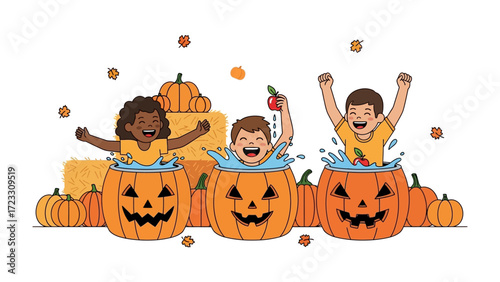 Joyful Pumpkin Pool: Three enthusiastic children playfully splash and rejoice in carved pumpkin pools, creating a whimsical, joyful scene of autumnal delight.