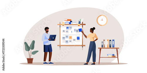 Diverse team collaborating on a project using a whiteboard and laptop in a modern office setting