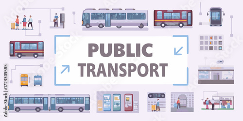 Illustration of various public transport vehicles and related elements for urban transportation concept