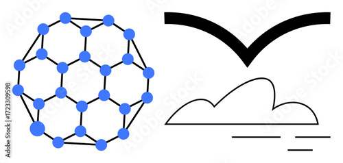 Blue network sphere symbolizes connection and structure, paired with a cloud, bird silhouette, and lines evoking natural freedom. Ideal for technology, innovation, ecology, creativity, simplicity