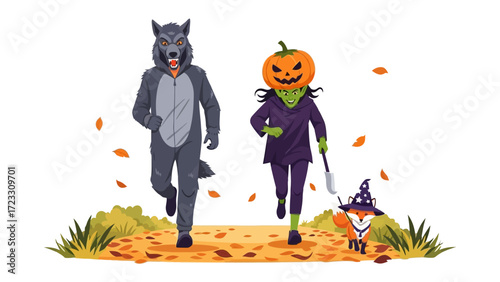Halloween Costume Run: A playful illustration featuring three characters in Halloween costumes, running together on a path strewn with autumn leaves, in a vibrant and spirited scene.