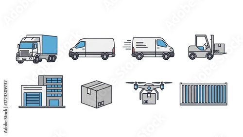 Modern logistics solutions featuring trucks, vans, drone delivery, warehouse, and forklift for efficient supply chain management and shipping needs