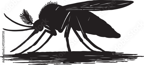 Detailed silhouette illustration of a mosquito insect with intricate legs and wings on a white background
