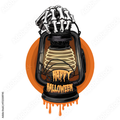 Spooky halloween lantern with skeleton hand and rib cage isolated on white background