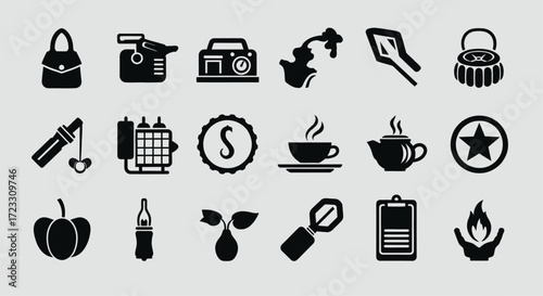 A diverse collection of black and white silhouette icons representing various objects and concepts on a light background.