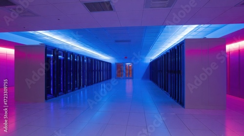 A large data center interior with rows of server racks illuminated by bright blue light,