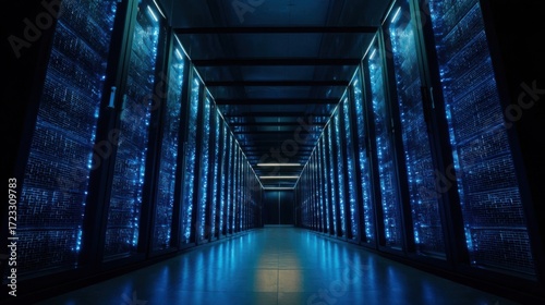 An expansive data center corridor illuminated by blue LED lights,