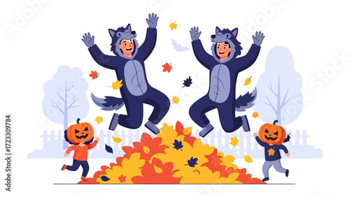 Autumn Festivities: Joyful figures in charming costumes frolic and celebrate among a vivid pile of autumn leaves, with a warm, celebratory atmosphere perfectly embodying the spirit of harvest time.