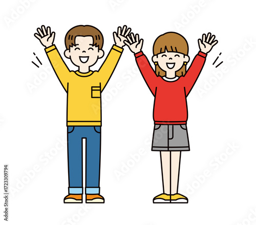 笑顔で万歳をする、10代・20代の男の子と女の子のシンプルな全身ベクターイラスト素材＿カラー