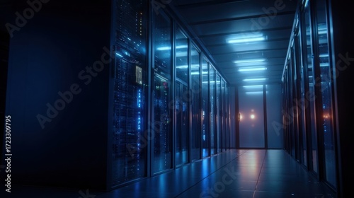 A modern server room features rows of sleek server racks aligned on both sides of a central aisle,