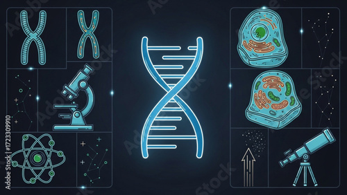 Explore the wonders of science with this dynamic collection featuring DNA, cells, chromosomes, microscopes, atoms, and telescopes for educational and research themes