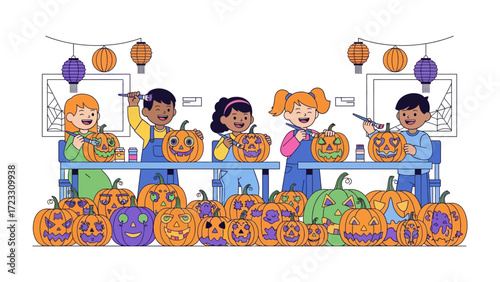 Spooky Pumpkin Crafting: A group of happy kids joyfully carving Halloween pumpkins at a crafting table, illustrating a playful celebration of autumn and creativity.
