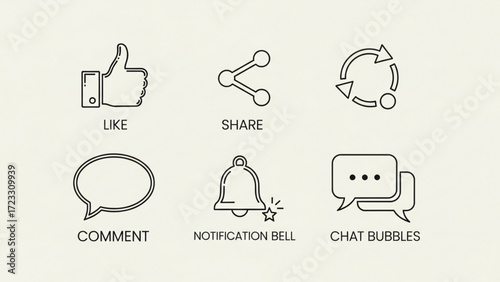 Modern social media icons for engagement like, share, comment, notifications, and chat communication in a clean, flat design style