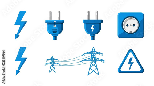 Dynamic collection of blue electricity icons featuring lightning bolts, power plugs, outlets, and transmission towers for energy concepts