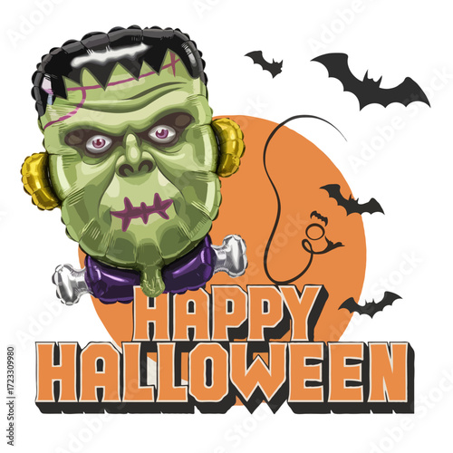 Happy halloween frankenstein monster with bats isolated on white background