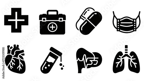 Professional medical icons representing healthcare concepts like first aid, diagnostics, anatomy, and patient care for modern design.