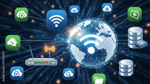 Global network connectivity, cloud services, and data storage visualized with interconnected icons and a router symbol.