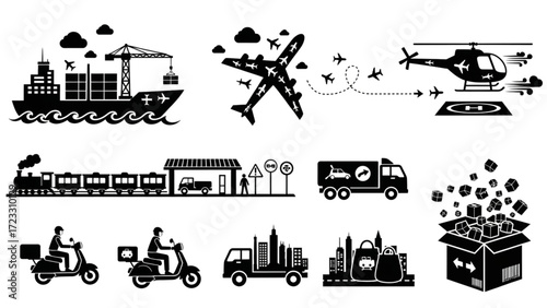 Diverse logistics and transportation icons depicting cargo ships, airplanes, trains, trucks, helicopters, scooters, and delivery packages for global commerce and distribution.