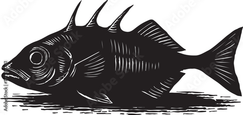 Stylized black silhouette of a spiky fish with detailed fins and tail on a textured surface