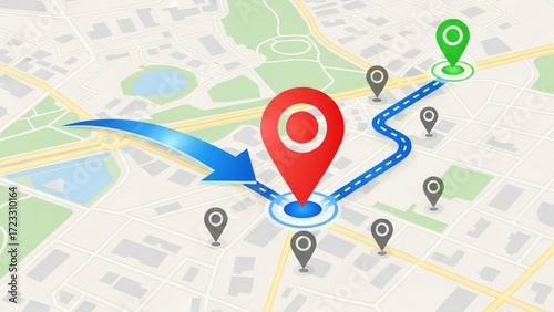 Dynamic route planning with vibrant location pins and directional arrows on a detailed city map, guiding your journey effectively.