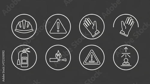 Essential safety icons including hard hat, fire extinguisher, warning signs, and protective gloves for workplace hazard awareness and compliance