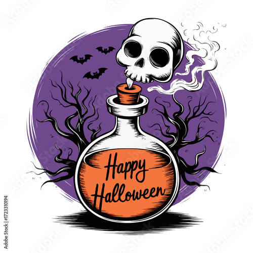 Halloween potion bottle with skull and spooky moon isolated on white background