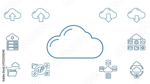Dynamic cloud computing icons illustrate data transfer, storage, organization, and synchronization for modern digital solutions.