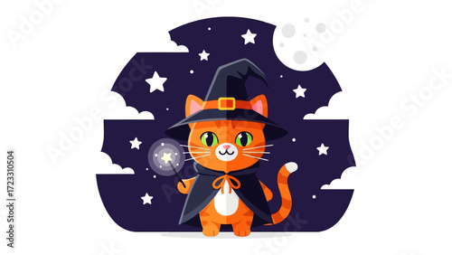 Magical Cat: A charming cartoon cat, adorned in a witch's hat and cape, gazes out under a starry night with a bewitching magic wand in hand. Evoking fantasy.